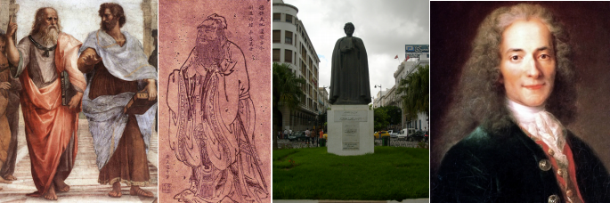 Figure (a) shows two ancient Greeks (Plato and Aristotle). Figure (b) shows an ancient Chinese man, Confucius. Figure (c) shows a statue of a man, Khaldun. Figure (d) shows a portrait of a Frenchman, Voltaire.