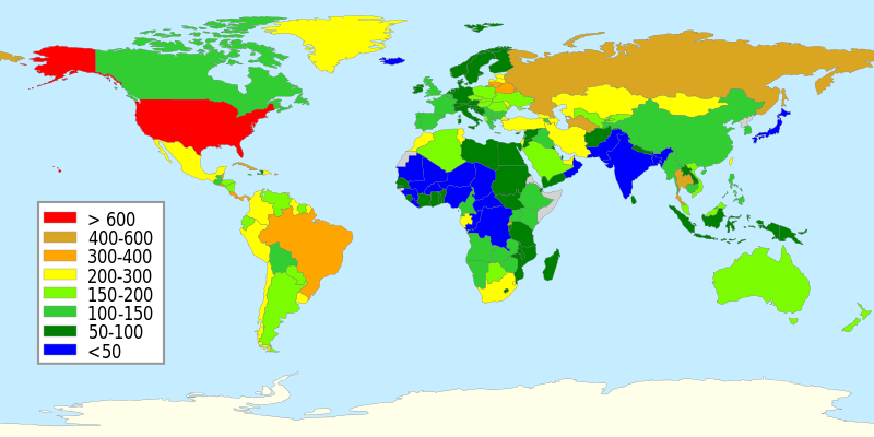 Map showing the prisoner population rate in the world. The US is show in red, with over 600 prisoners per 100,000 people. The next highest percentages show and Russia, Brazil with between 400-600 prisoners per 100,000 people, and significantly lower rates in the rest of the world.