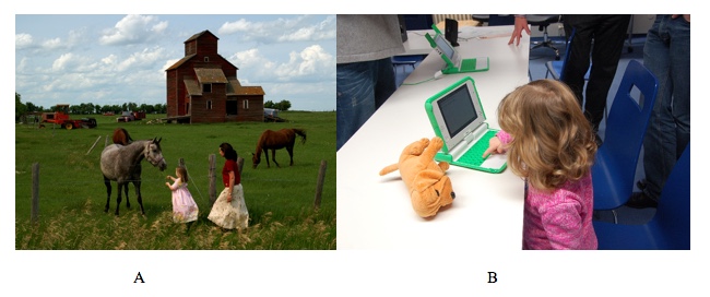 A farm on the left and a child using a computer on the right
