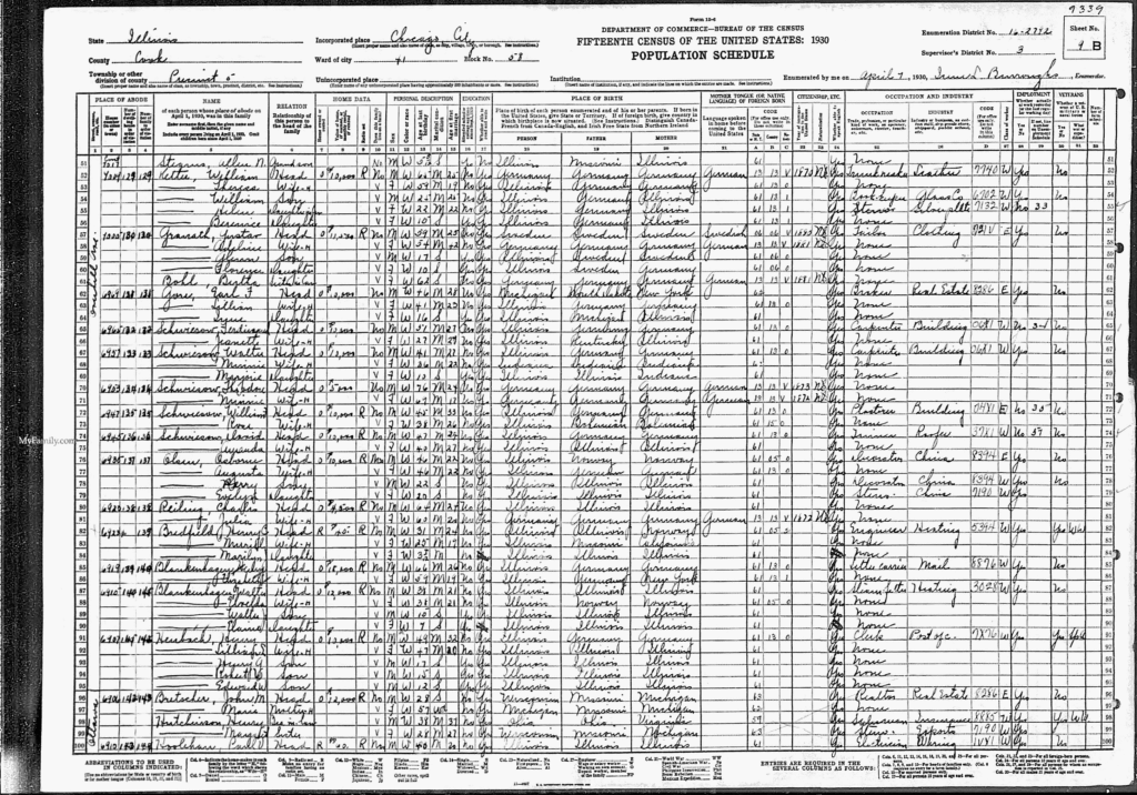 almost illegible handwritten chart of census information, listing households, names, ages, addresses, etc.