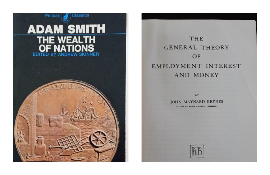 Collage with two images. The first is a picture of the book cover for Adam Smith's "The Wealth of Nations" and the other is the title page for John Maynard Keynes' "The General Theory of Employment Interest and Money"