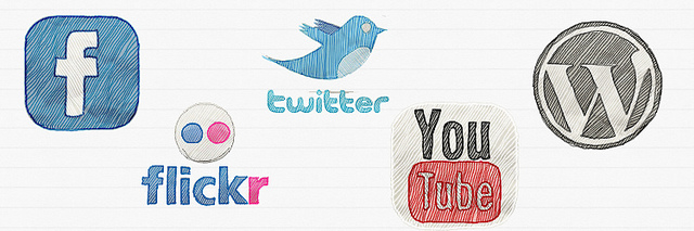 Social media platform logos, Facebook, Flickr, Twitter, YouTube, and W. 