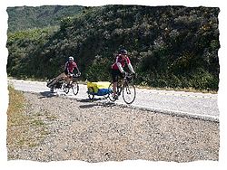 Photo of two bicyclists, each pulling a trailer, on a road