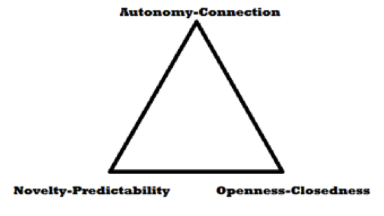 Triangle. Top point is labeled "Autonomy-Connection." Bottom left is labeled "Novelty-Predictability." Bottom right is labeled "Openness-Closedness."