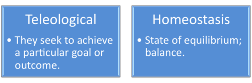 Graphic: in left blue box, "Teleological: They seek to achieve a particular goal or outcome." In right blue box, "Homeostasis: State of equilibrium; balance."