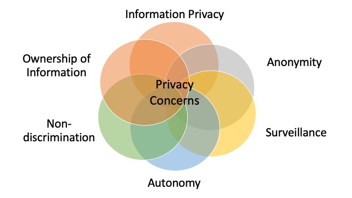 A graphic showing the six privacy concerns identified in Regan and Jesse (2018): information privacy, anonymity, surveillance, autonomy, non-discrimination, and ownership of information