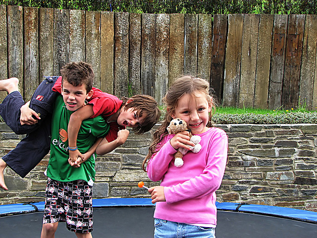 a young girl holds a stuffed animal while two young boys rough-house in the background