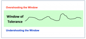 Diagram of window of tolerance with line in middle. Above the line it stays overshooting the widnow and below the line its says undershooting the windiw