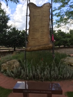 Picture of Reconciliation Park where a giant scroll enscripted with the names of the 38 Dakota men hanged by the government.