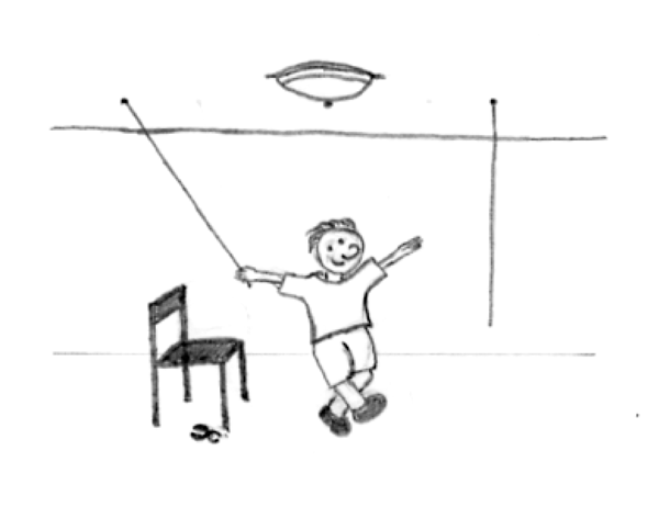 Cartoon image showing boy facing the two string problem. He must tie a pair of pliers to one string and swing it to the other.