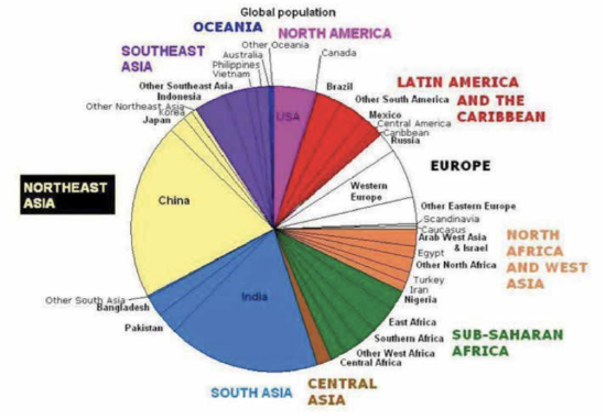 Confusing pie chart with tens of really thin slices showing world population by country. The only take away is that China and India are much more populous than all the other individual countries.