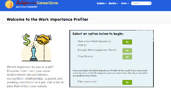 Una captura de pantalla del perfilador de importancia laboral de California Career Zone