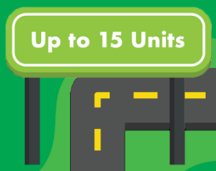 Green flag reading, "Up to 15 units"
