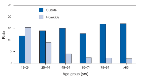 A simple bar graph showing o show the difference between rates of suicides and homicides across various age groups. Date is described in the text.