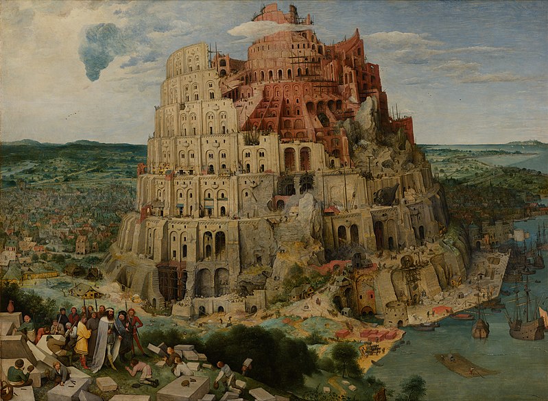 painting of the massive Tower of Babel left unfinished and some of it crumbling near the top