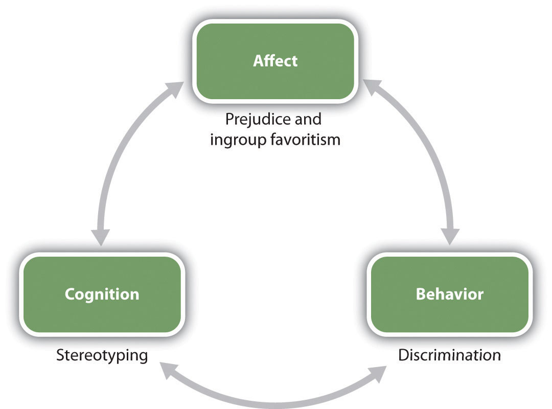 Figura 12.2 Las relaciones entre grupos sociales están influenciadas por el ABC de la psicología social.