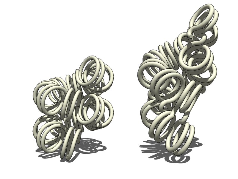 Representación artística de dos estructuras rígidas en forma de cuerda muy enrolladas y retorcidas, grisáceas, verticales, que descansan una al lado de la otra.