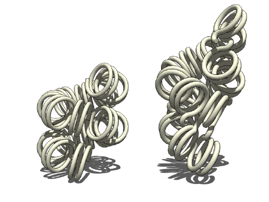 Artist's representation of two highly coiled and twisted, grayish, upright, rigid rope-like structures resting side by side. 