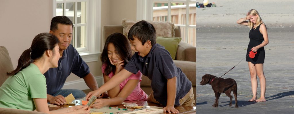 Foto 1: Una familia asiática juega un juego de mesa. Foto 2: Una mujer rubia está sola con su perro.
