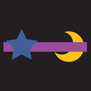 Una forma de luna amarilla está detrás de una barra morada y una forma de estrella azul está frente a la barra púrpura.