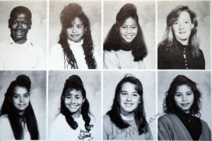 A high school yearbook shows a very similar hairstyle for nearly every young woman in the class..