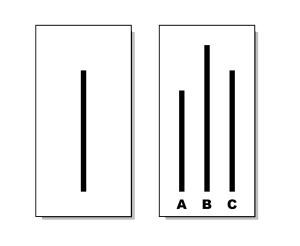 Ejemplos de las tarjetas utilizadas en el experimento de Asch. La tarjeta de la izquierda tiene una sola línea. La carta de la derecha tiene tres líneas etiquetadas A, B y C. La línea etiquetada como 'C' coincide con la longitud de la línea única en la otra carta. La línea 'A' es claramente más corta y la línea 'B' es claramente más larga.