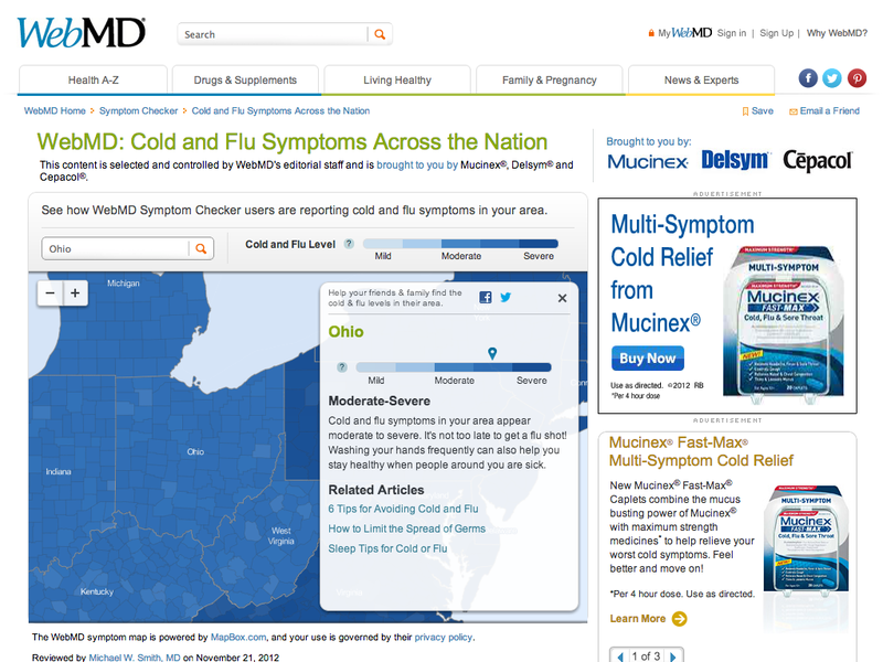 Una página de ejemplo del sitio web WebMD que ofrece información sobre la temporada de resfriados y gripe.