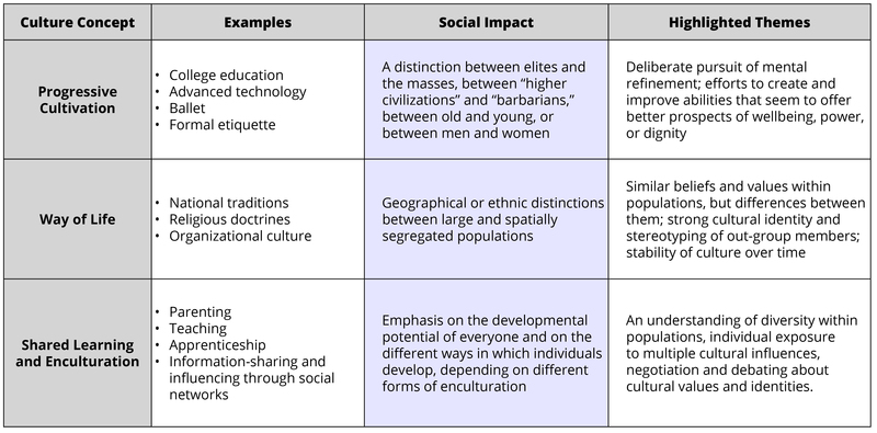 Esta tabla describe 3 formas de ver la cultura: como cultivo progresivo, como forma de vida, y como aprendizaje compartido. Se dan ejemplos para cada uno. Estos conceptos se describen en detalle en el texto principal.