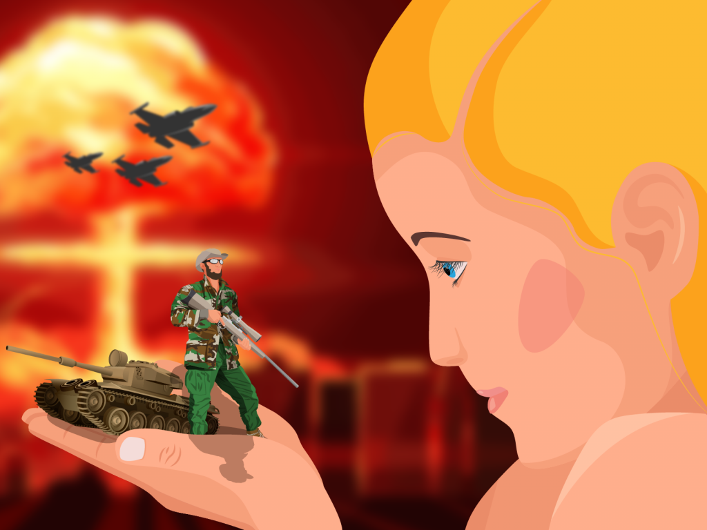 A blonde hair girl holding a little military soldier and war machine. Above her are fighter planes and explosions