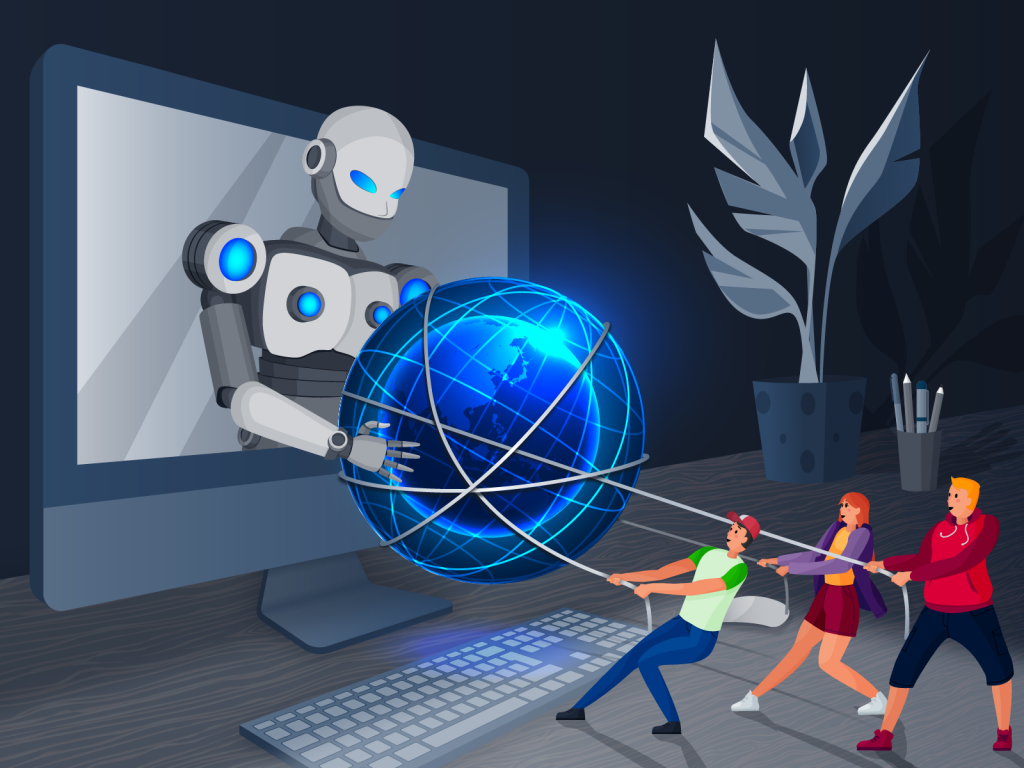 A robot comping out of a computer screen having a tug-a-way with a group of humans over the spherical shape if the world wide web icon, which is wraped in wire