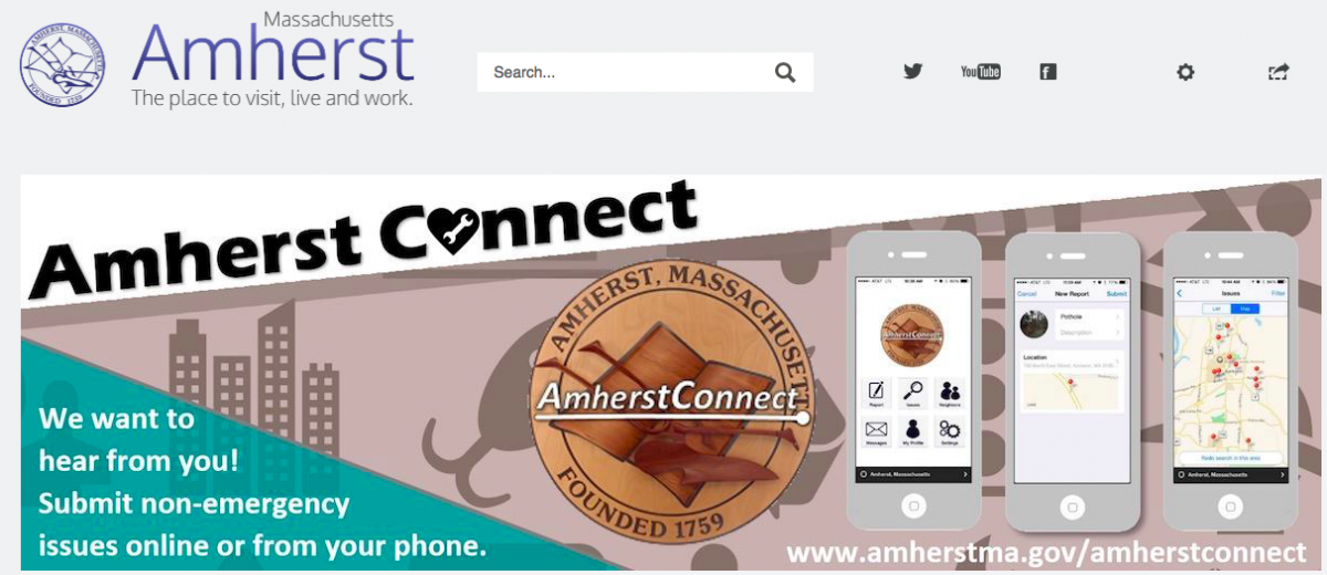 Homepage of the town website for Amhearst, Massachusetts, which includes a banner saying "We want to hear from you! Submit non-emergency issues onlines or from your phone."