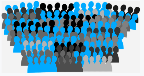 Graphic of a crowd in silhouette in colors of blue, light or dark gray, and black.