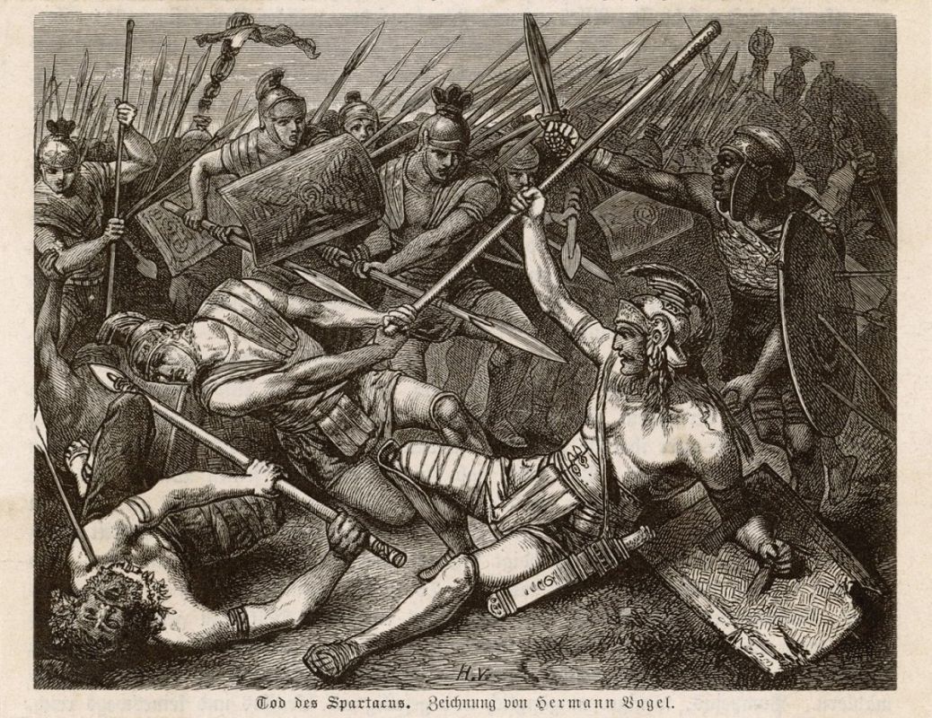 Etching by 19th-century artist Hermann Vogel, depicting the death of Spartacus in battle.