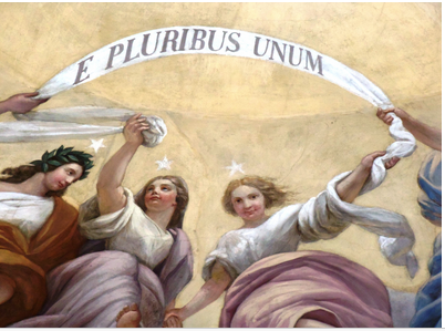 Detail of the 1865 painting Apotheosis of Washington, showing several figures holding aloft a banner that reads "E Pluribus Unum."
