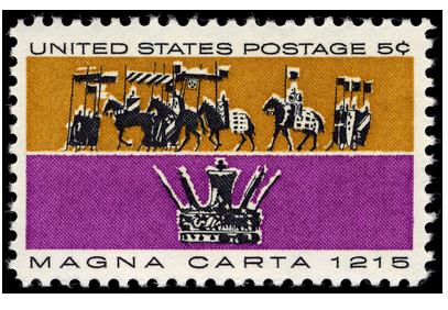 Photograph of a 1965 US postage stamp, bearing the image of armored knights in the top half, a crown in the bottom half, and the words "Magna Carta 1215"