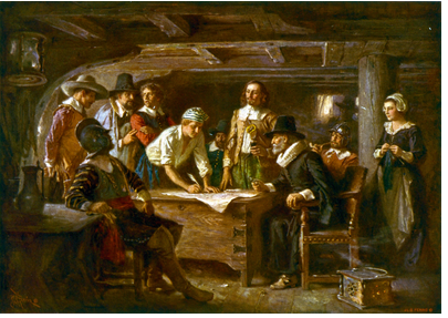 "Signing of the Mayflower Compact," early 20th-century oil painting by Jean Leon Gerome Ferris