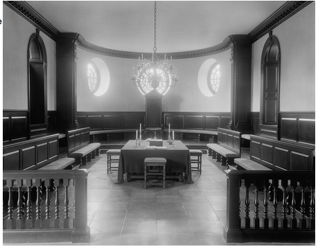 Photograph of the interior of the Virginia House of Burgesses, circa 1930s. Taken by Frances Benjamin Johnston