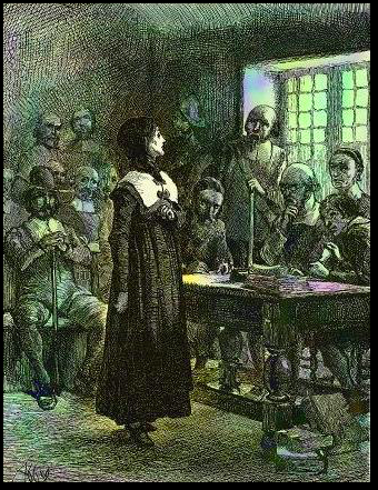 19th-century ink illustration of Anne Hutchinson's trial, by Edwin Austin Abbey.