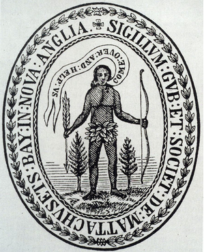 Seal of the Massachusetts Bay Colony, granted by King Charles I in 1629. Seal depicted a Native American man framed by trees, holding a bow in one hand and an arrow pointed at the ground in the other, with a banner with the words "Come over and help us" issuing from his mouth.