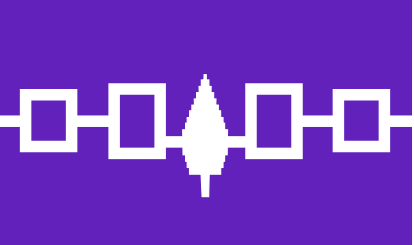 Flag of the Iroquois Confederacy: a horizontal chain of 4 linked rectangles, with a single arrowhead at the center of the chain pointing up. white on purple.