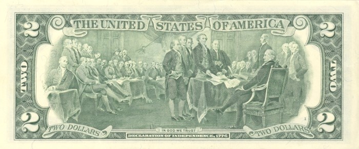 The back of the U.S. two-dollar bill depicts the John Trumbull painting "Declaration of Independence," which was previously shown in Fig. 1 above.