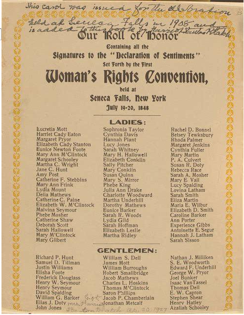 Printed list of all those who signed the Declaration of Sentiments at the Seneca Falls Convention, divided into "ladies" and "gentlemen."