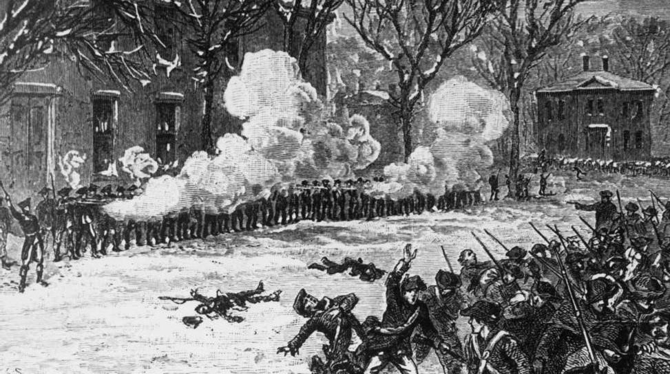 19th-century engraving of Shays' troops being repulsed from the armory at Springfield, Massachusetts by musket fire.
