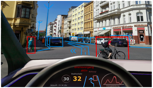 Photograph of a car driving thrugh city streets, taken from the driver's perspective. Photo editing highlights pedestrians and bikers, and outlines a path between stationary obstacles, to form a visualization of a self-driving car.