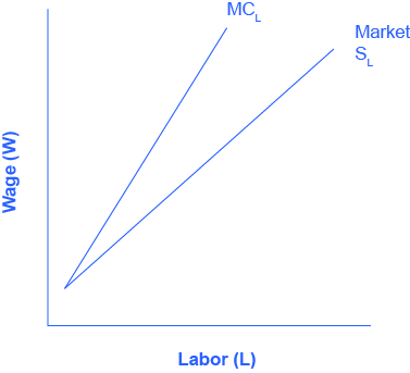 Le graphique illustre les données du tableau 14.5. L'axe des abscisses représente le travail et l'axe des ordonnées représente les salaires. Il y a deux courbes. La courbe représentant l'offre typique du marché de main-d'œuvre est inclinée vers le haut, du coin inférieur gauche vers le haut à droite. La courbe représentant le coût marginal de l'embauche de travailleurs supplémentaires est également inclinée du coin inférieur gauche vers le haut à droite, mais elle est plus abrupte et donc toujours au-dessus de la courbe d'offre normale du marché.