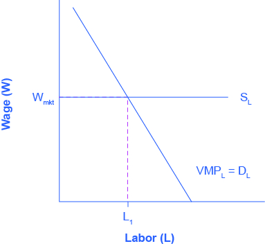 يوضِّح الرسم البياني الناتج الهامشي للعمالة. المحور السيني هو العمل. المحور y هو الأجر. ينتقل المنحنى من اليمين إلى اليسار في اتجاه هبوطي. خط أفقي يشير إلى مشاريع أجور السوق الجارية من منتصف الطريق تقريبًا إلى المحور y. عندما يلتقي المنحنى والخط الأفقي، تكون النقطة L1. توفر التسمية التوضيحية السياق.