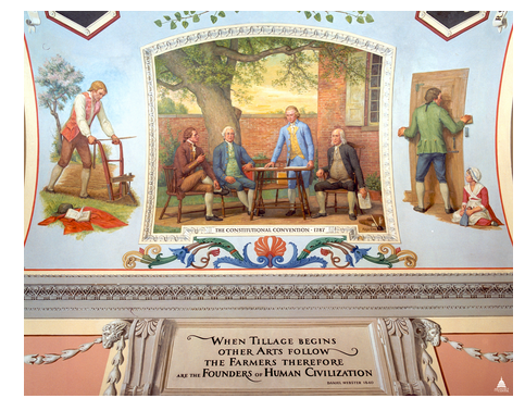 Mural of four delegates to the Constitutional Convention meeting in Benjamin Franklin's garden: from left to right, Alexander Hamilton, James Wilson, James Madison, and Benjamin Franklin.