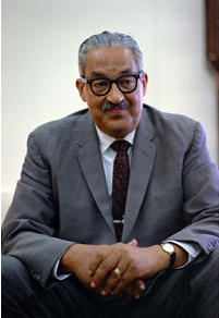 Photograph of Thurgood Marshall in a formal suit at the Oval Office