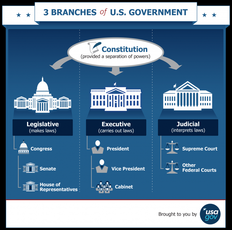 Graphic showing how the Constitution has divided the U.S. government into three branches: the legislative branch, or Congress, makes laws; the executive branch, or the President, Vice President, and cabinet, carries out laws; the judicial branch, or the Supreme Court and other federal courts, interprets laws.