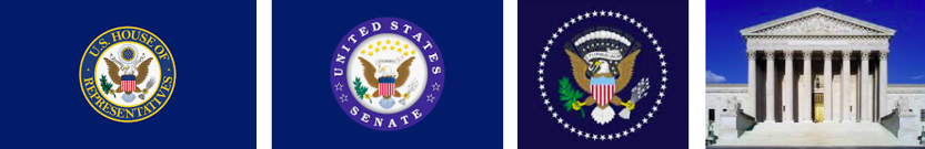 A four-part graphic whose parts, from left to right, consist of the seal of the U.S. House of Representatives, the seal of the U.S. Senate, the seal of the U.S. President, and a photograph of the Supreme Court Building.